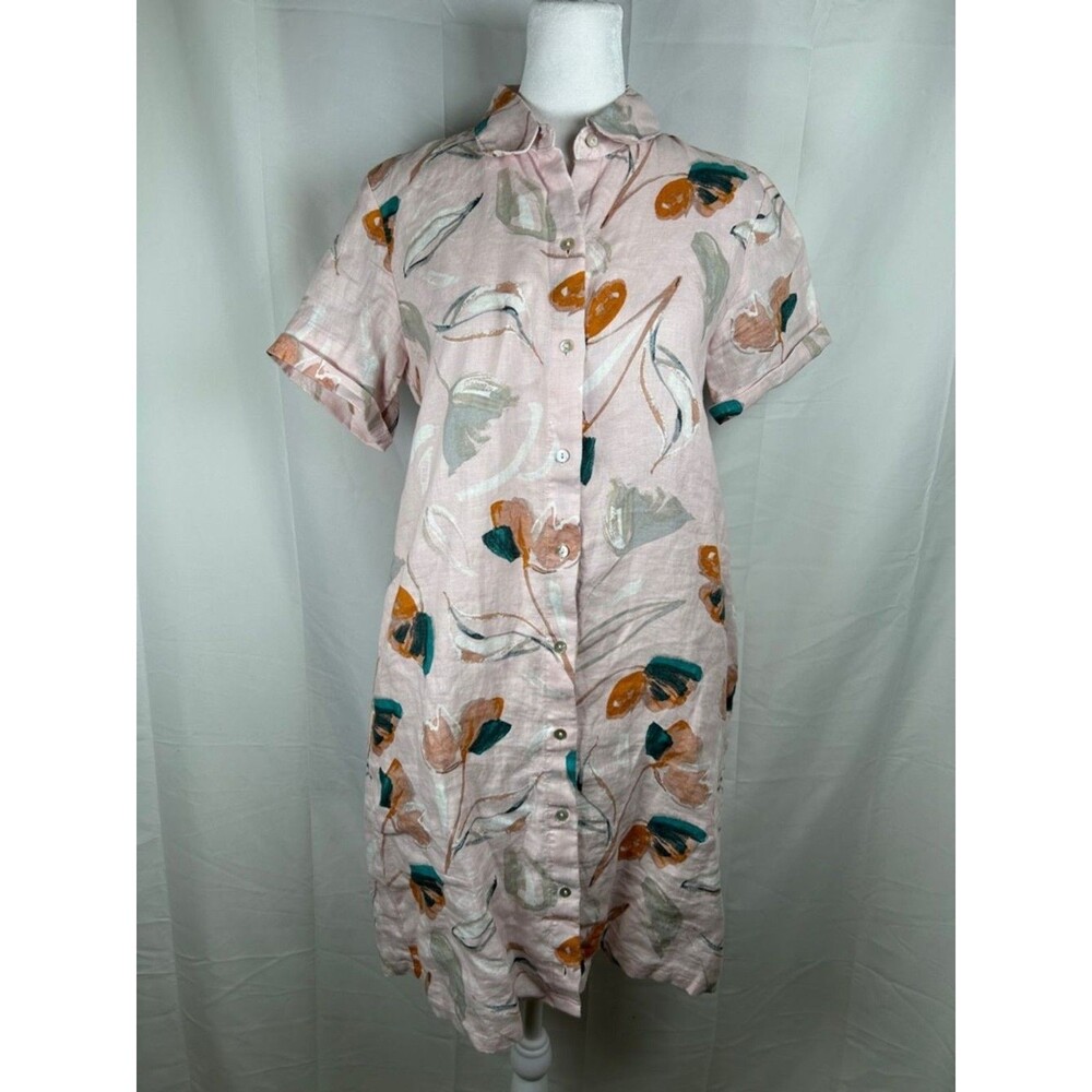 Rachel Zoe Linen Floral Pink Shirt Dress XS Mini Button Up Collared Short Sleeve